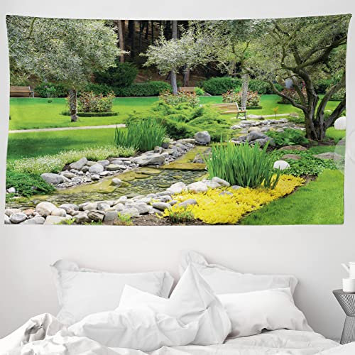 ABAKUHAUS Garten Wandteppich und Tagesdecke, Japanische Park Landschaft aus Weiches Mikrofaser Stoff Waschbar ohne Verblassen Digitaldruck, 230 x 140 cm, Grün Gelb