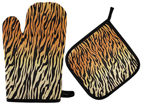 TropicalLife Hajie Topfhandschuh-Set, hitzebeständig, mit Tigermuster, mit Aufhängeschlaufe, für Männer und Frauen, zum Backen, Kochen, Grillen
