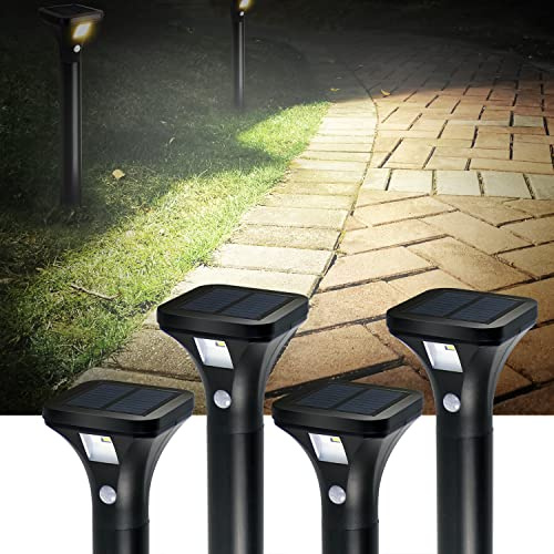 AURAXY LED Motion Sensor Pathway Lights - Solar Powered, Waterproof, Warm White (4 Pack) for Outdoor, Backyard, Garden, Driveway