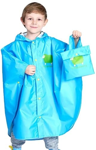 Rain Poncho Children's Rain Cape Girls Boys 100% Rainproof Portable Foldable Raincoat Children's Rain Poncho Bicycle with Storage Bag Rain Jacket Children Waterproof Breathable 75-155 cm, blue, L