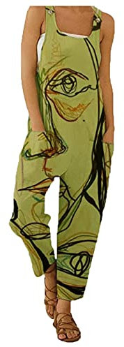 IQYU Salopette da donna lunghi, pantaloni estivi, leggeri, a gamba larga, tuta estiva in lino, con tasche, pantaloni in lino, senza maniche, tuta lunga, Z verde, L