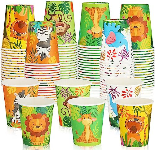 Pappbecher für Kinder, Tiere, kleine bunte Safari-Badezimmerbecher, Mini-Mundspülspender, Einwegbecher für Kinder, Party, Picknick, Grillen, Reisen, Veranstaltungen, heiße und kalte Getränke, 266 ml,
