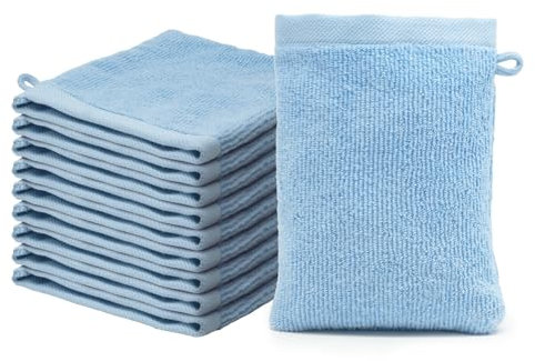Lot de 10 Gants de Toilette 15x20cm | 100% Coton Premium | Epais 500g/m2 | Linge de Bain Doux & Absorbant | Oeko-TEX | Marque Ôhm | Bleu clair