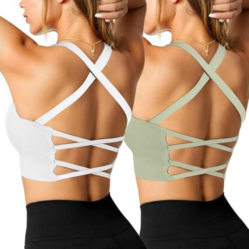 Crewhpo Sportbh Damen Gepolstert Sport-bhs Ohne Bügel Rückenfreier Fitness Bustier Cross Back Design Mit Polstern Nahtlose Sportunterwäsche für Yoga Fitness Pilates Gym S-XL