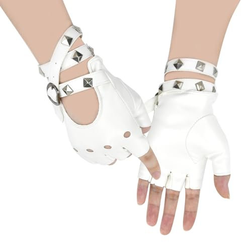 CAREDGO Fingerlose Lederhandschuhe Mit Nieten - PU Punk, Tanz Nietenhandschuhe für Motorrad, Hip Hop, Halloween - Damen