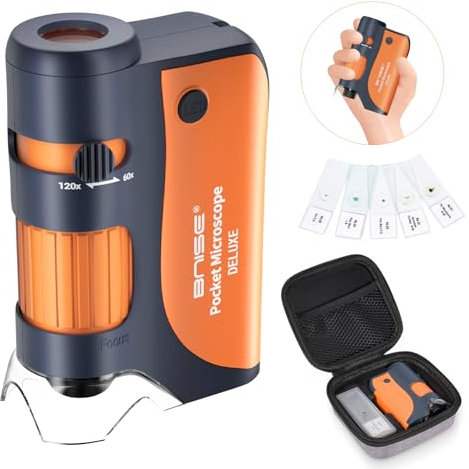 Microscope de Poche pour Enfants Portable avec Zoom 60X-120X, LED et 5 Lames - Mini Microscope d'Apprentissage, Éducation et Exploration (Orangé)