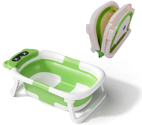 NOT JUST A BOX - Vaschetta Bagnetto Pieghevole Neonato, Indicatore di Temperatura, Foro di Drenaggio, Cuscino Antiscivolo, per bambini fino a 24 mesi (VERDE)