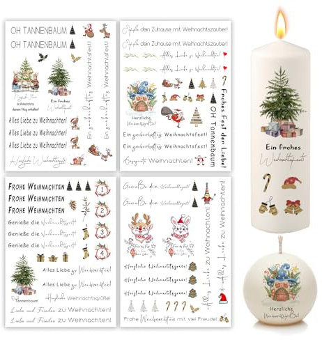 Bolosa 4 Stück Kerzentattoos Neujahr, Kerzentattoos Weihnachten, Kerzen Tattoo Happy New Year, Kerzen Aufkleber Weihnachten, Stabkerzen Weihnachten Aufkleber für Kerzen, Merry Christmas A