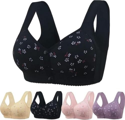 PrinStory Bras for Women Front Fastening Bras for Women Wireless Snap Closing Ladies Bras Comfort Women's Bras for The Elderly (Black Daisy, 40C)