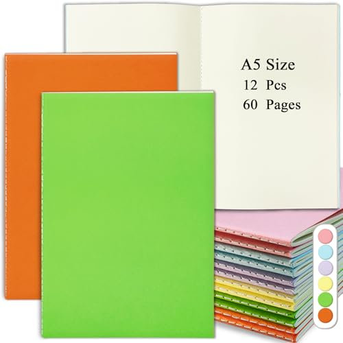 DWIYITTN Notizbuch A5 Blanko, 12 Stück Kraft Cover Notizblock Skizzenbuch Set 30 leere Blatt Notizhefte Unliniert Heft für Kinder Schüler Büro Schule Geschenk - 6 Farben