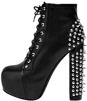 blingqueen Damen Plateau Stiefeletten Blockabsatz Punk Biker Boots Schnürstiefeletten Glattoptik Schwarz 39 EU