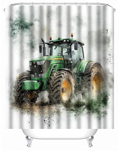 Generisch Duschvorhang 180 x 120cm, Wasserabweisende Duschvorhänge Traktor Bad Vorhang, Badzimmer Badewanne Vorhang Retro Traktor Duschvorhang Anti Schimmel mit 10 Duschvorhangringe