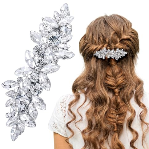 Xindojuz 1 PCS Diamante Hair Clips for Women, Silver Fancy Hair Clips Sparkly Crystal Hairpins, Large Fancy Flower Bridal Hairs Barrettes for Wedding Bride Party Prom Long Thin Hairs (Silver)