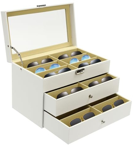 KigerNee - Scatola porta occhiali a 18 scomparti - Scatola espositore a tre piani con coperchio in vetro e chiave, in eco-pelle bianco per occhiali da sole/gioielli, dimensioni: 33x19x23 cm