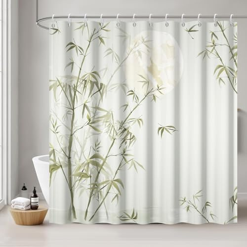 Uiiooazy Rideau de Douche Bambou Anti Moisissure 180x180cm Zen Chinois Spa | Rideau de Baignoire Feuilles Vert Japonais Paysage Tissu Lavable Imperméable Polyester avec 12 Crochets pour Salle de Bain