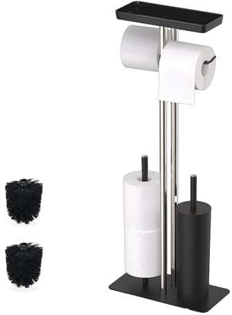 Relaxdays Toilet Set, Stainless Steel, Shelf & Roll Holder, Freestanding, 3 in 1, HBT: 77 x 30 x 15 cm, Toilet Butler, Black