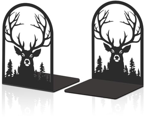 Hobbspring Lot de 2 serre-livres en métal noir - Décoration en forme de tête de bois de cerf - Pour bureau, école, Noël, bureau, maison, bibliothèque, petits et grands livres lourds