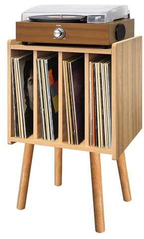 Record Player Stand, Vinyl Record Storage Table with 4 Cabinet, Mid Century Modern Turntable Stand, Organizer Vinyl Table for Bedroom Living Room, Oak