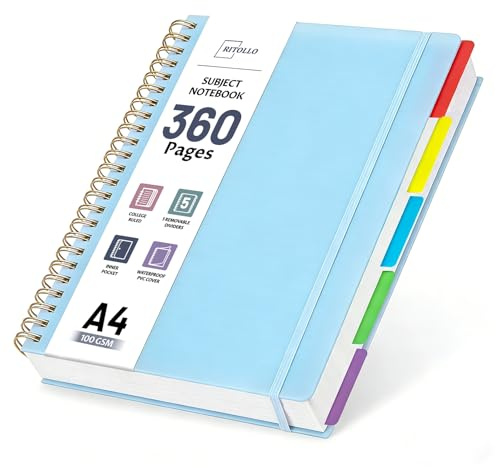 RITOLLO 360 Seiten A4 Spiralnotizbuch mit 5 Fächern, liniert im College-Stil, 100 GSM dickes Papier, großes Notizbuch mit herausnehmbaren Trennblättern für Schule, Büro, Studium und Arbeiten (Blau)