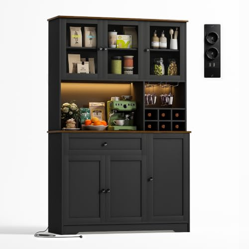 Wumagin Küchenschrank100x40x180cm, Buffetschrank, Sideboard Küche mit 6-Fach Weinrega, LED-Licht, USB-Steckdose & verstellbaren Böden, Anti-Kipp für Küche, Esszimmer und Wohnzimmer (Schwarz)