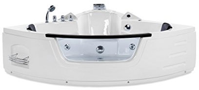 Whirlpool Badewanne Mallorca – Eckbadewanne mit 12 Massage-Düsen, LED-Beleuchtung, Armaturen & Glasfront | Maße: [155x155 cm] | Farbe: Weiß | Spa-Badewanne für 2 Personen