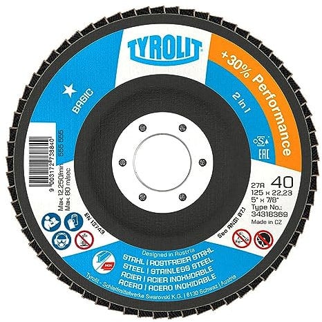 Tyrolit 2 in1 Fächerscheibe 125 mm x 22,23 mm | Korngröße 40 I 1x Stück I Profi-Qualität I für Stahl und Edelstahl I lange Lebensdauer I Fächerscheiben Lamellenscheiben, Schleifscheiben Premium