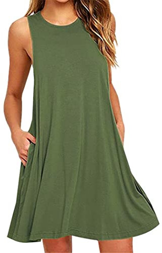 OMZIN Damen Ohne Arm Vest Kleid mit Taschen T-Shirtkleid Rund Ausschnitt Tägershirt, L, Tasche-armeegrün