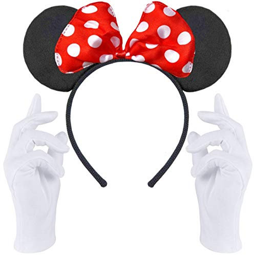 Hatstar Maus Ohren Haarreif | in schwarz mit roter Schleife + weiße Handschuhe | Kostüm Set für Erwachsene & Kinder - Damen & Mädchen | zu Karneval & Fasching