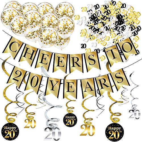 20. Geburtstag Party Dekorations-Set – Cheers to 20 Years Banner, Ballons, Wirbelgirlanden und Konfetti Partyzubehör für Geburtstage, Jahrestage und weitere Anlässe