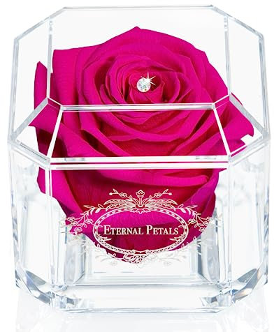 A 100% Real Rose That Lasts Years - Eternal Petals, Handmade in UK – White Gold Solo with A Multicolor Crystal (Hot Pink)