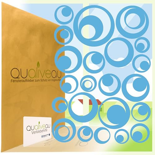 QUALIVEAU® 22 Retro Kreise Aufkleber zum Schutz vor Vogelschlag | Komplett – Set mit Verklebehilfe | Farbe: Himmelblau