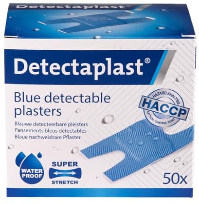 Detectaplast Premium Pflaster wasserfest, blaue Wundpflaster für den Lebensmittelbereich, detektierbare Pflaster für Erste Hilfe in der Gastro, 68 x 38 mm, Gelenkpflaster, 50 Stück