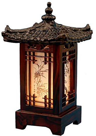 Lampe en bois sculpté à la main traditionnelle coréen pavillon pagode design art déco lanterne marron asiatique oriental chevet chambre accent insolite lampe de table (Loger)