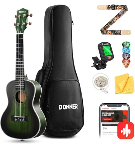 Donner Ukulele Concerto 23 pollici Mogano DUC-200G Verde, kit Ukulele professionale per adulti principianti, con lezioni online, custodia, corde Aquila, plettro, accordatore, tracolla e panno