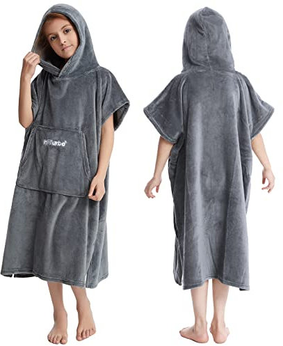 Hiturbo Kinder Wickelmantel, Handtuch Poncho Bademantel Robe mit Kapuze, für Strand, Schwimmen, Surfen, Zu Hause, Grey