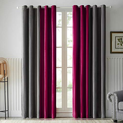 OMMATO Verdunkelungsvorhang Samt Vorhänge mit Ösen 2 Stücke Thermogardine Ösen Vorhang Schwere Spleißen Verdunkelungsgardinen für Schlafzimmer Wohnzimmer 140x225 cm Grau Burgund