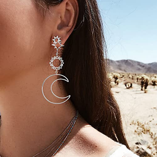 Wedity Vintage aushöhlen Pentagramm Mond Sonne Ohrringe Stern Ohrringe Schmuck für Frauen und Mädchen (Silber A)