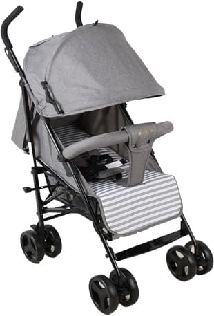 SAYOYO Buggy Faltbar Passend für 6 Monate bis 15 kg, Leichter Kinderwagen mit Korb und Erweitertes Verdeck und 5-Punkt-Gurt, Grau