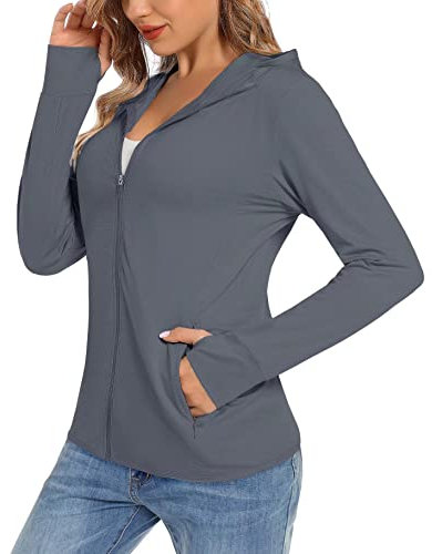 TACVASEN Damen Rash Guard Sommer UV Sonnenschutz Shirt Full-Zip Funktionsshirt Atmungsaktiv Laufshirt Kapuzenjacke (M, Dunkelgrau)