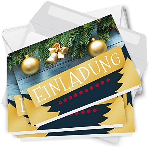 10 x Einladungskarten Klappkarten Weihnachten mit Umschlag zur Weihnachtsfeier Motiv Goldener Tannenschmuck