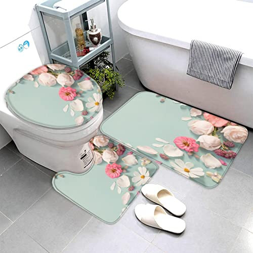 AOLIGL Badematte Sommerblumen Hellblau Badematten Set rutschfest Waschbar Badgarnitur 3teilig - WC Deckelbezug U-förmigen Contour Badezimmerteppich Matte Flauschige