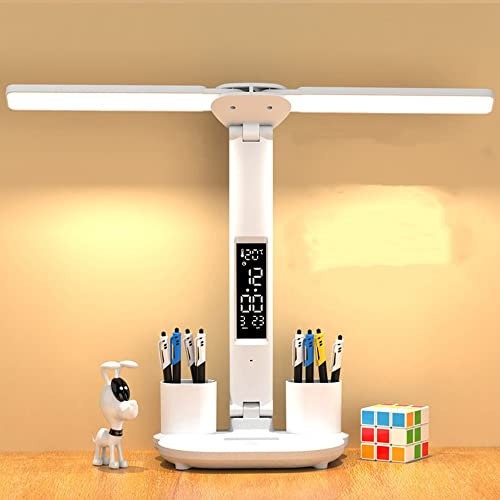 Wisada Lampe de bureau LED 3200 mA Lampe de Table D'étude Port de charge USB Lumière de L'atmosphère Nocturne avec Porte Stylo/Écran Heure température/Calendrier 3 Niveaux Dimmable Lampe de Lecture
