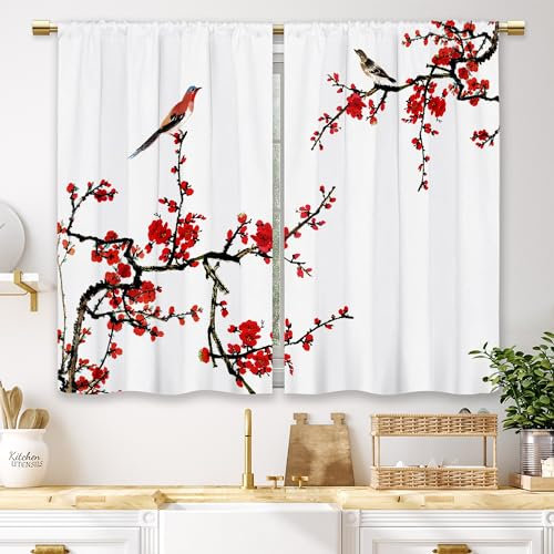 Laifzere Rote Blumen Kirsche Küche Vorhänge Blume Kleine Kurze Cafe Fenster Vorhänge Blüte Asiatische Japanische Pflaume Ästhetische Stangentasche Badezimmer Fenster Vorhänge Behandlung Tier Vorhänge