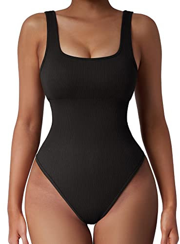OMKAGI Bodysuit Ribbed Shapewear Damen Bauchweg Stark Formend Sculpting Sleeveless Seamless Yoga Jumpsuit Thong Bodysuits Figure Shaping Body Shape(M, Schwarz-02)