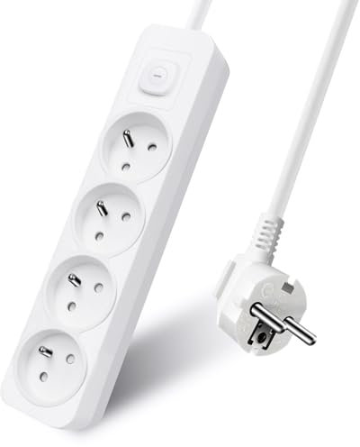 EXTRASTAR Multiprise 4 Prises 16A avec Interrupteur,Bloc 4 Prises,Rallonge 3m 250 V avec sécurité Enfant,Blanc