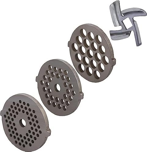 WOLFCUT - Fleischwolfscheibensatz 3 mm +4,5 mm + 8,0 mm Bohrung und ein Kreuzmesser kompatibel mit Fleischwölfen der Klarstein Lucia Küchenmaschinen