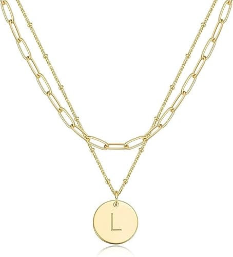 Jenosy Layering Kette Damen Kette mit Buchstaben Personalisierte Kette mit Namen Zarte Buchstaben Kette Gold 18K Vergoldete Kette mit Runder Plättche Anhänger Modeschmuck für Damen und Mädchen