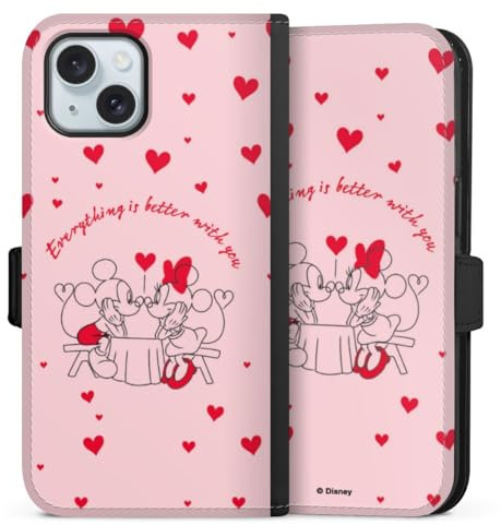 Klapphülle kompatibel mit Apple iPhone 15 Handyhülle aus Kunst Leder schwarz Flip Case Disney Mickey & Minnie Mouse Valentinstag