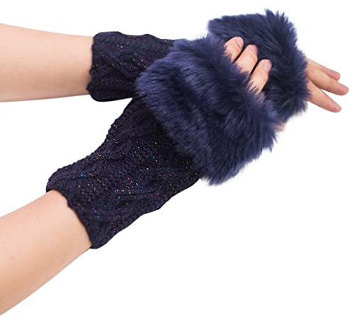 Generisch Leo Schal Schwarz Weiß Offene Fingerhandschuhe aus Diamantwolle für Damen Halbfingerhandschuhe Kurze Handschuhe Hochzeitsschmuck Perle (Blau, A), blau, A