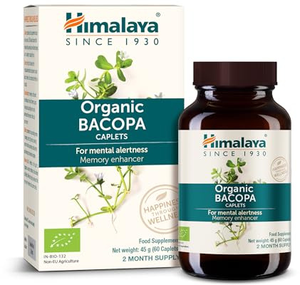 Himalaya Integratore Nootropico a Base di Erbe Biologiche Bacopa (Brahmi) Monnieri Dell, Prontezza Mentale, Supporta la Calma, la Memoria, Certificato Biologico, 750 mg, 60 Compresse, Base Vegetale